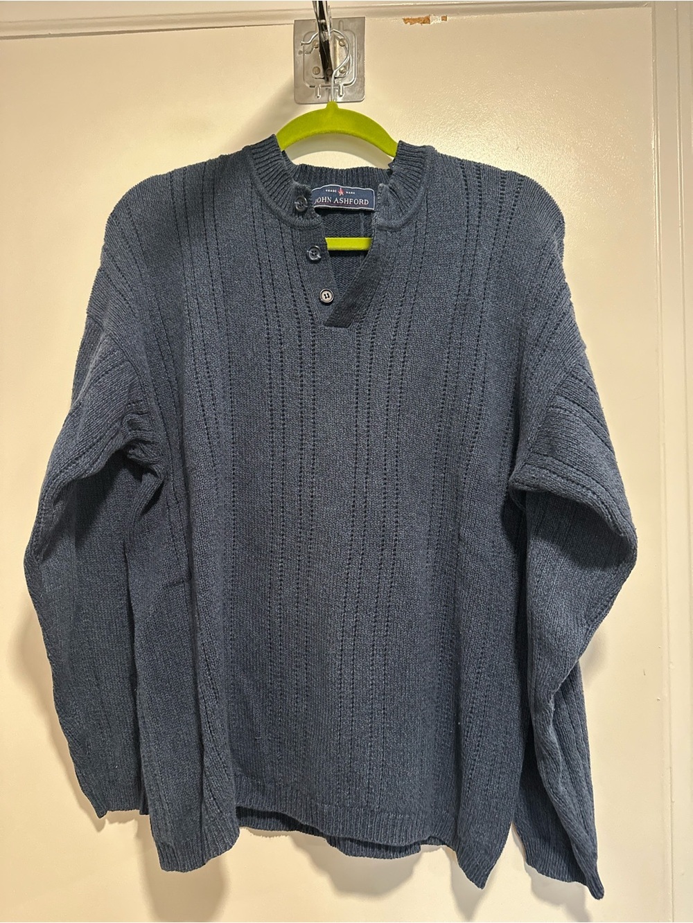 Vintage 90s John Ashford 100% Cotton Blue Cable Knit Henley Pullover Sweater.